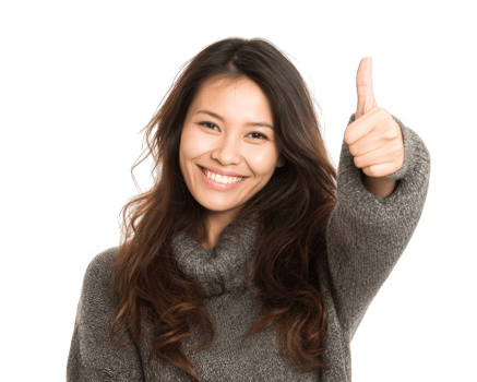 Happy woman thumbs up smiling casual sweater positive expression portrait isolated background cheerful young adult confidence png