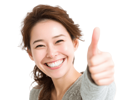 Happy woman giving thumbs up, expressing positivity and confidence. She has long hair and is wearing cozy sweater, radiating joy and encouragement png