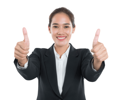 Professional woman in black suit giving thumbs up, expressing positivity and confidence. Her smile conveys enthusiasm and encouragement, making it great image for business or motivational themes png