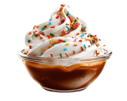 delightful ice cream sundae featuring swirl of creamy whipped topping adorned with colorful sprinkles, served clear glass bowl filled with rich caramel sauce. This treat evokes joy and indulgence png