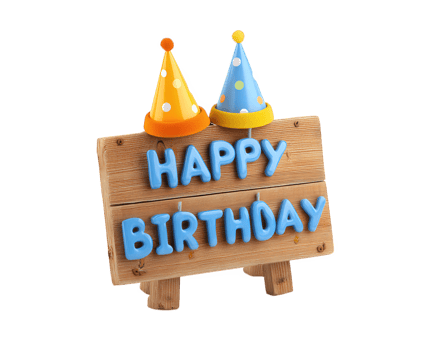 Happy birthday sign with colorful party hats, cheerful and festive, perfect for celebrations and gatherings. This vibrant decoration adds joy to any birthday event png