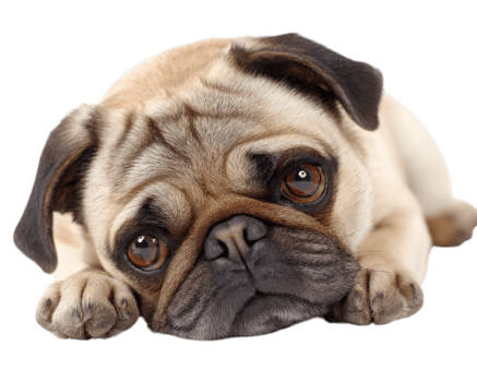 playful pug dog with silly expression is lying on its side, showcasing its adorable features and big, expressive eyes. This charming pet exudes sense of warmth and joy png