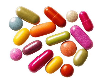Colorful capsules and pills are artistically arranged on transparency background, showcasing vibrant assortment of shapes and sizes. This lively display evokes sense of health and wellness png