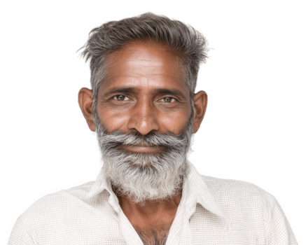 smiling man with gray beard and mustache, wearing light colored shirt, exudes warmth and friendliness. His expression reflects sense of wisdom and experience png