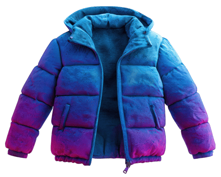 Blue pink gradient puffer jacket with hood, soft plush texture, modern winter outerwear, cozy and stylish, vibrant color, unisex fashion, isolated on transparency background png