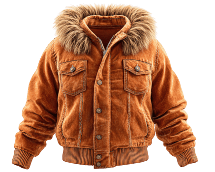 Orange winter jacket with faux fur hood, corduroy texture, front pockets, ribbed cuffs, and relaxed fit, perfect for cold weather and casual outdoor style png