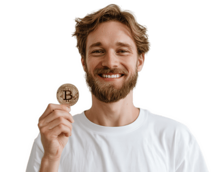 Smiling man holding bitcoin coin isolated on transparency background casual style young adult digital currency concept confident expression financial investment modern lifestyle png