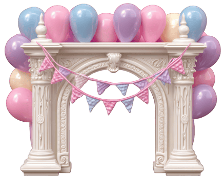 White ornate fireplace decorated with pastel pink, blue, and purple balloons and matching birthday bunting, creating festive and cheerful party atmosphere png