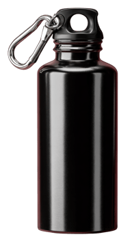 Black metal water bottle custom printed logo mockup isolated object shiny surface reusable eco friendly hydration carabiner clip modern design suitable for outdoor activities png
