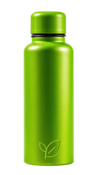 Green reusable water bottle with leaf symbol eco friendly stainless steel insulated sustainable modern hydration outdoor travel minimalist design png