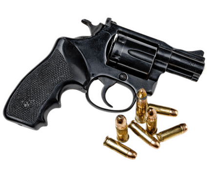 Black revolver with exposed bullet cylinder and five gold bullets on transparency background, showcasing classic firearm design and metallic texture, evoking sense of danger and tension png
