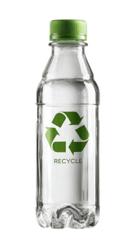 Clear plastic water bottle with green cap, recycling symbol, and BPA free label, promoting eco friendly hydration and sustainability awareness png