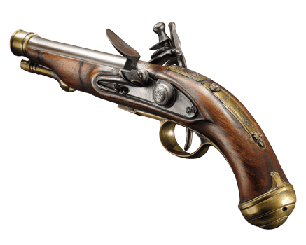 Vintage flintlock pistol with brass detail wooden handle antique firearm historical weapon isolated on white elegant craftsmanship collectible classic style png