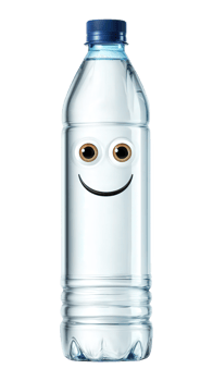 Cartoon water bottle character with smiling face, clear plastic, blue cap, isolated on transparency background, cheerful and playful design for hydration concept png