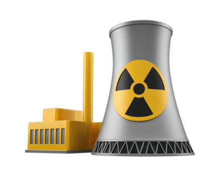 Nuclear power plant cooling tower radiation symbol industrial building yellow gray isolated energy electricity danger warning png