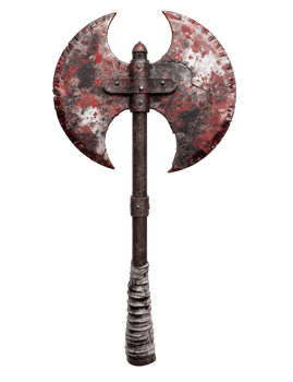 Double headed battle axe with bloodstained blade, metal handle, and visible battle scratches, evokes fierce and intense atmosphere, perfect for fantasy or medieval themes png