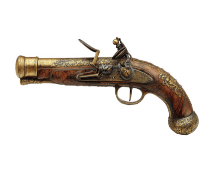 Vintage flintlock pistol with ornate brass details, wooden handle, and intricate engraving, isolated on transparency background, evokes historical and antique weaponry charm png