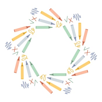 Cute simple school circle frame. Round school themed border made of different school objects. Soft pastel colors back to school hand drawn banner isolated on white background. vector