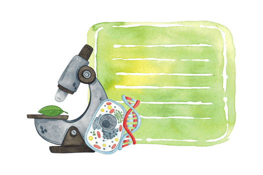 Sticker for notes with microscope, cell and DNA molecule. Watercolor illustration, hand drawn, cartoon. Design for stickers, posters, cards, scrapbooking, magazines. Science, laboratory, equipment. png