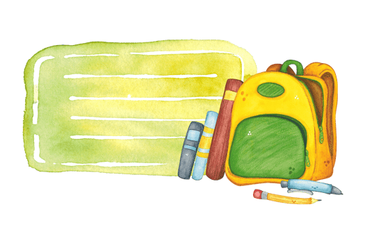 Note sticker with yellow school backpack, books and pen with pencil. Watercolor illustration, hand drawn, cartoon. Design for stickers, cards, invitations, scrapbooking. Science, back to school png