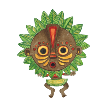 Jumping african aborigine in brown round mask with green leaves frame. Watercolor hand drawn illustration, cartoon. Drawing for poster, stickers, print. Africa, mask, funny, character png