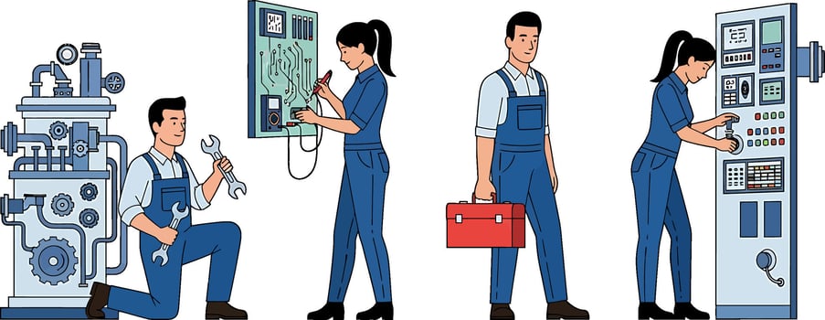 A cartoon of people working on a machine vector