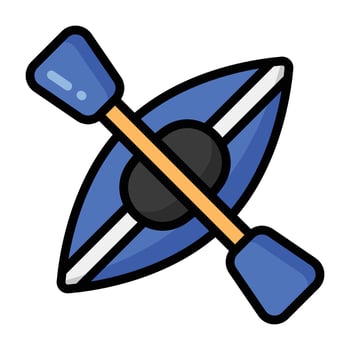 Flat icon of a blue kayak with a crossed paddle. Simple, colorful design perfect for outdoor themes, water sports, travel infographics, apps, or recreational illustrations. vector