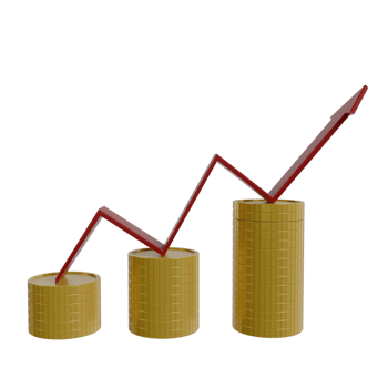 3d render Rising profits or economic growth concept. Stacks of gold coins with upward red arrow symbolizing financial success, investment gains, or business growth. Ideal for finance png