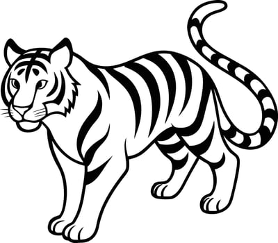 Black and white illustration of a tiger standing, isolated vector