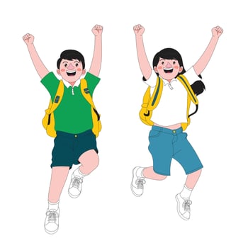 Two children happily jumping with school bags and smiling faces showing excitement and joy vector