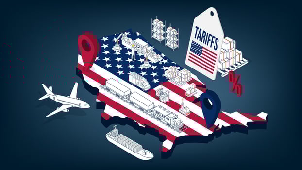Rising US Import Tariffs affecting global logistics with planes, cargo ships, trucks, and trade routes representing economic conflict. vector