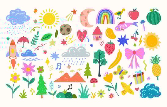 funky crayon drawn kids drawing collection like tree, clouds, sun, fruits, flowers vector