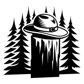 Forest conservation symbol ranger hat on tree stump, evergreen trees background, nature protection, reforestation, environmental awareness vector