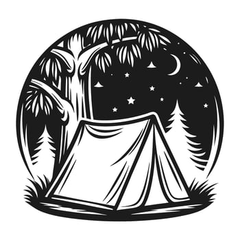 Camping night under starry sky tent in forest clearing with trees, crescent moon, nature adventure, wilderness exploration vector