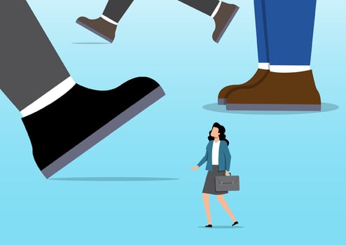 Woman walking among giant shoes vector