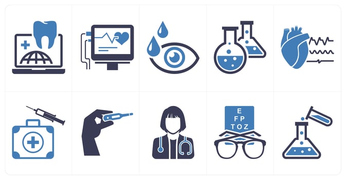 A set of 10 mix icons as global dental network, icu, eye drops in blue color vector