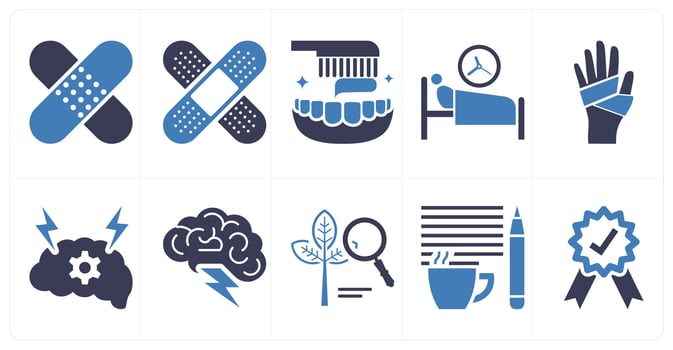 A set of 10 mix icons as bandage tape, brushing, bed rest in blue color vector