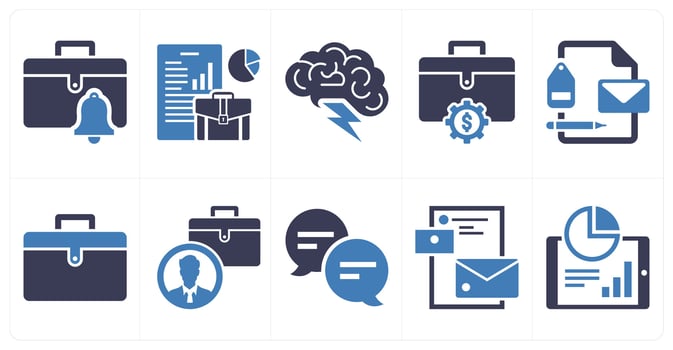 A set of 10 mix icons as business alert, business audit, brainstorming in blue color vector