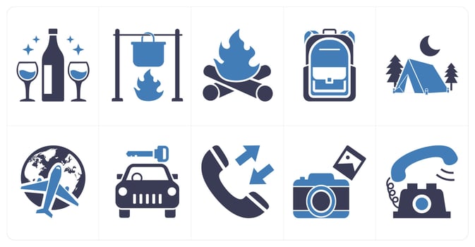A set of 10 mix icons as champagne, camp cooking, camp fire in blue color vector