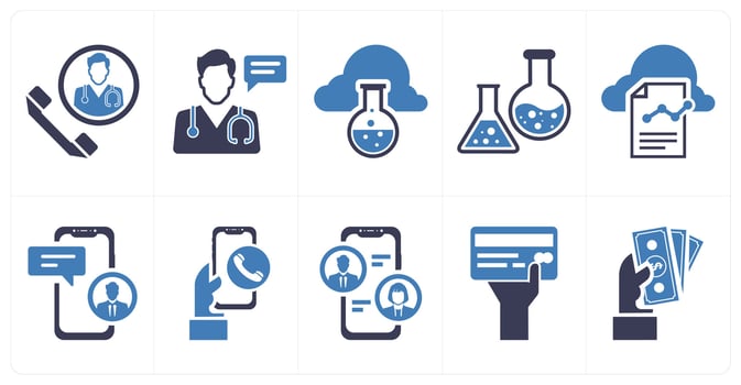 A set of 10 mix icons as call a doctor, doctor consultant, cloud research in blue color vector