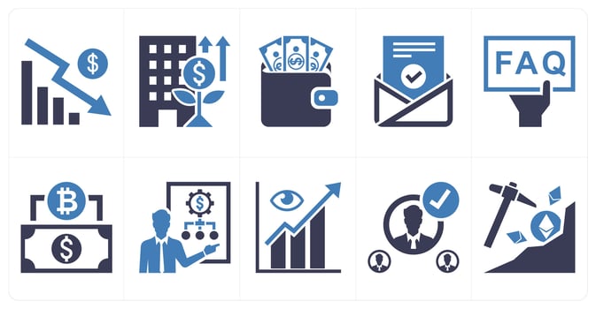A set of 10 mix icons as falling economy, emerging growth company, fat wallet in blue color vector
