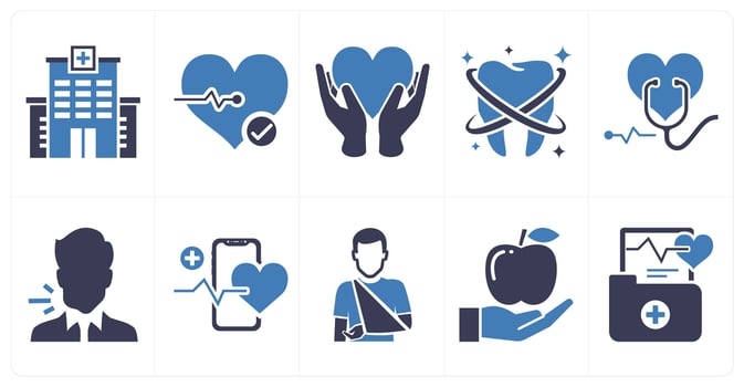 A set of 10 mix icons as hospital, heart check, heart care in blue color vector