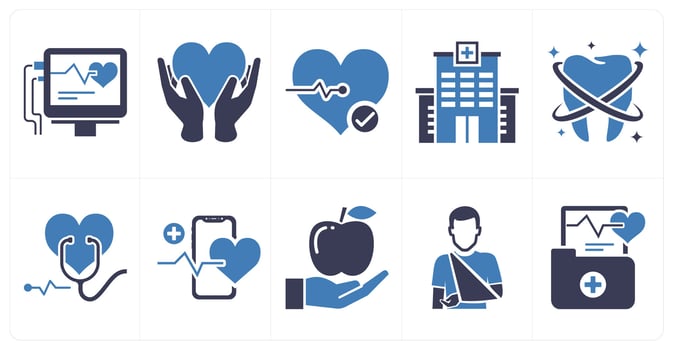 A set of 10 mix icons as icu, heart care, heart check in blue color vector