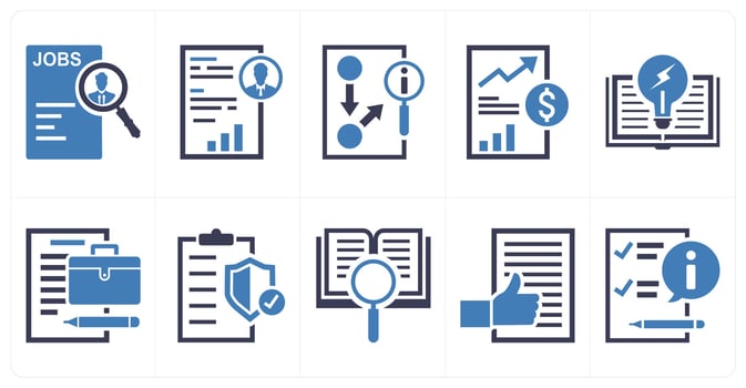 A set of 10 mix icons as job search, job description, information retrieval in blue color vector