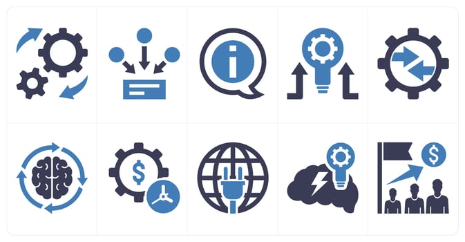 A set of 10 mix icons as implementation, information resources, information in blue color vector
