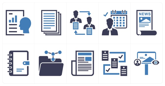 A set of 10 mix icons as personal assessment, papers, peer to peer in blue color vector