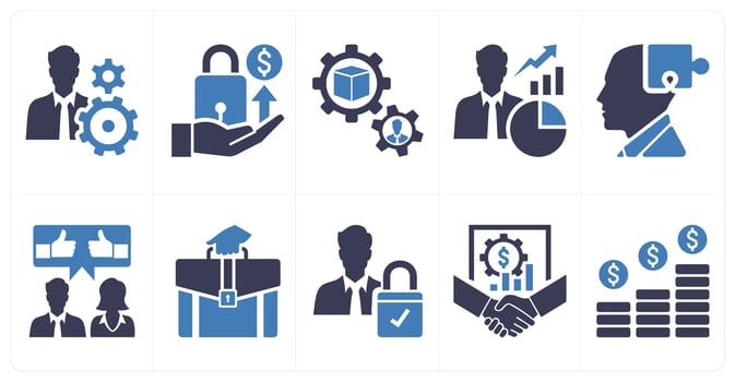 A set of 10 mix icons as personal settings, private offering, production in blue color vector