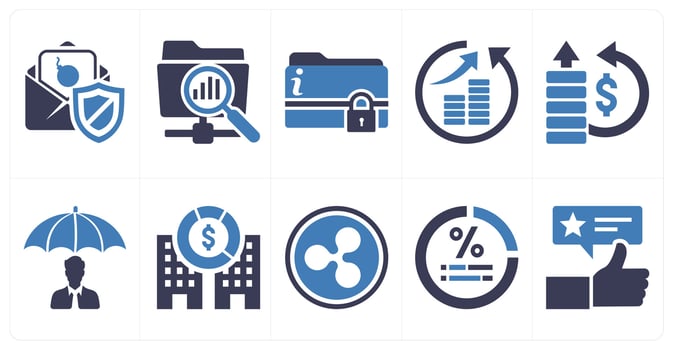 A set of 10 mix icons as secured mail, repository protection, sensitive information protection in blue color vector