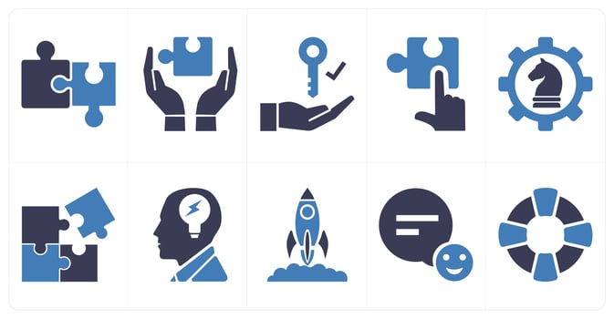A set of 10 mix icons as solution, solution provider, strategic management in blue color vector