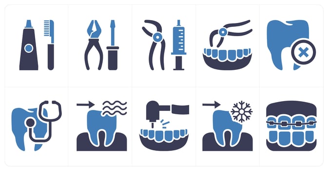 A set of 10 mix icons as tooth care, tools, tooth removal tool in blue color vector